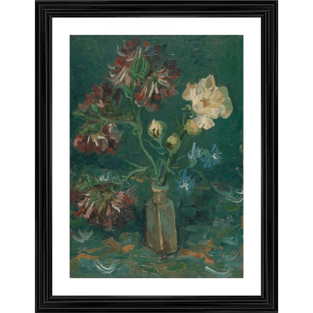 Multicolor wooden frame with 1886 Peonies and Blue Delphiniums painting, lightweight wall mount for home decor