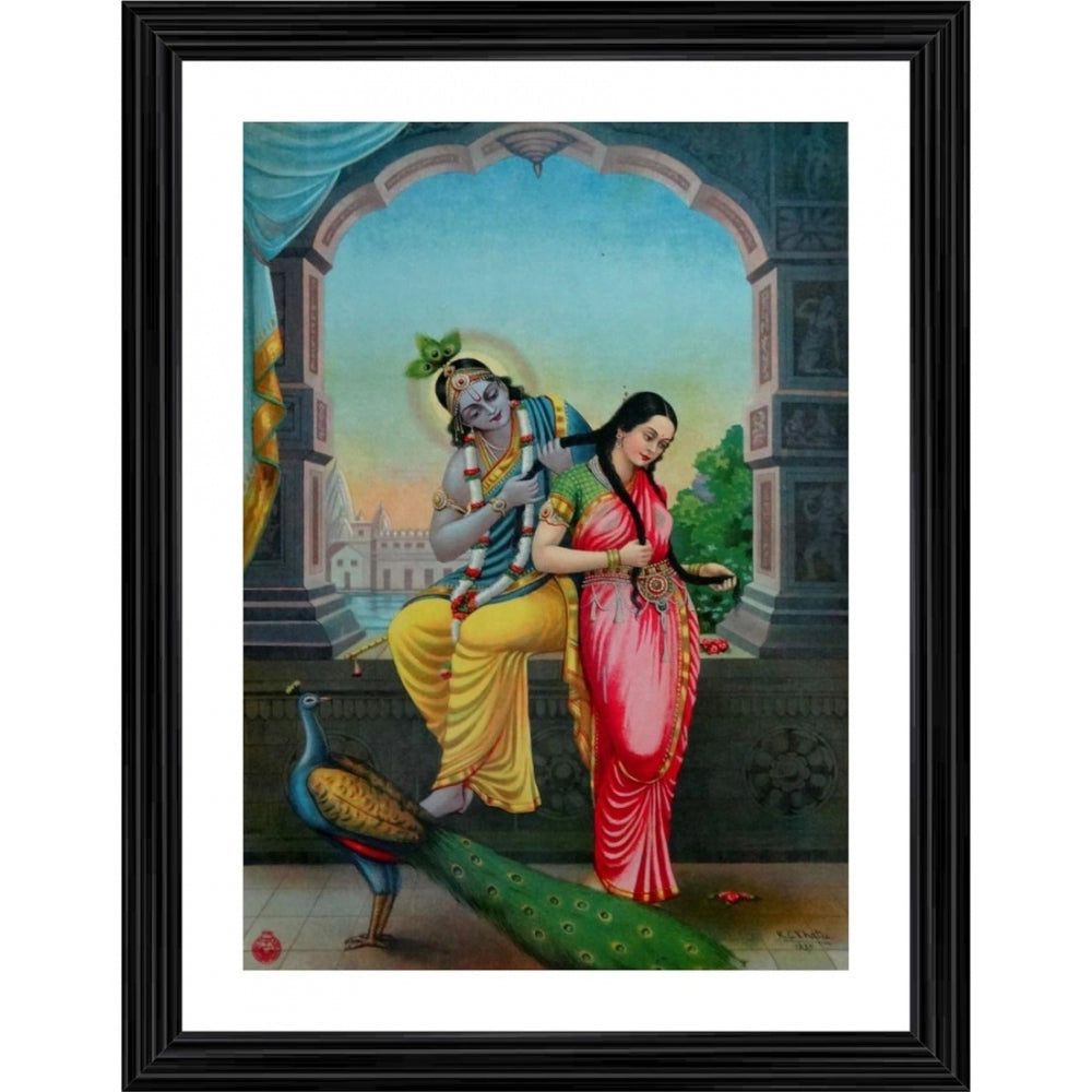 Vintage Radha Krishna painting in wooden photo frame with multiple colors