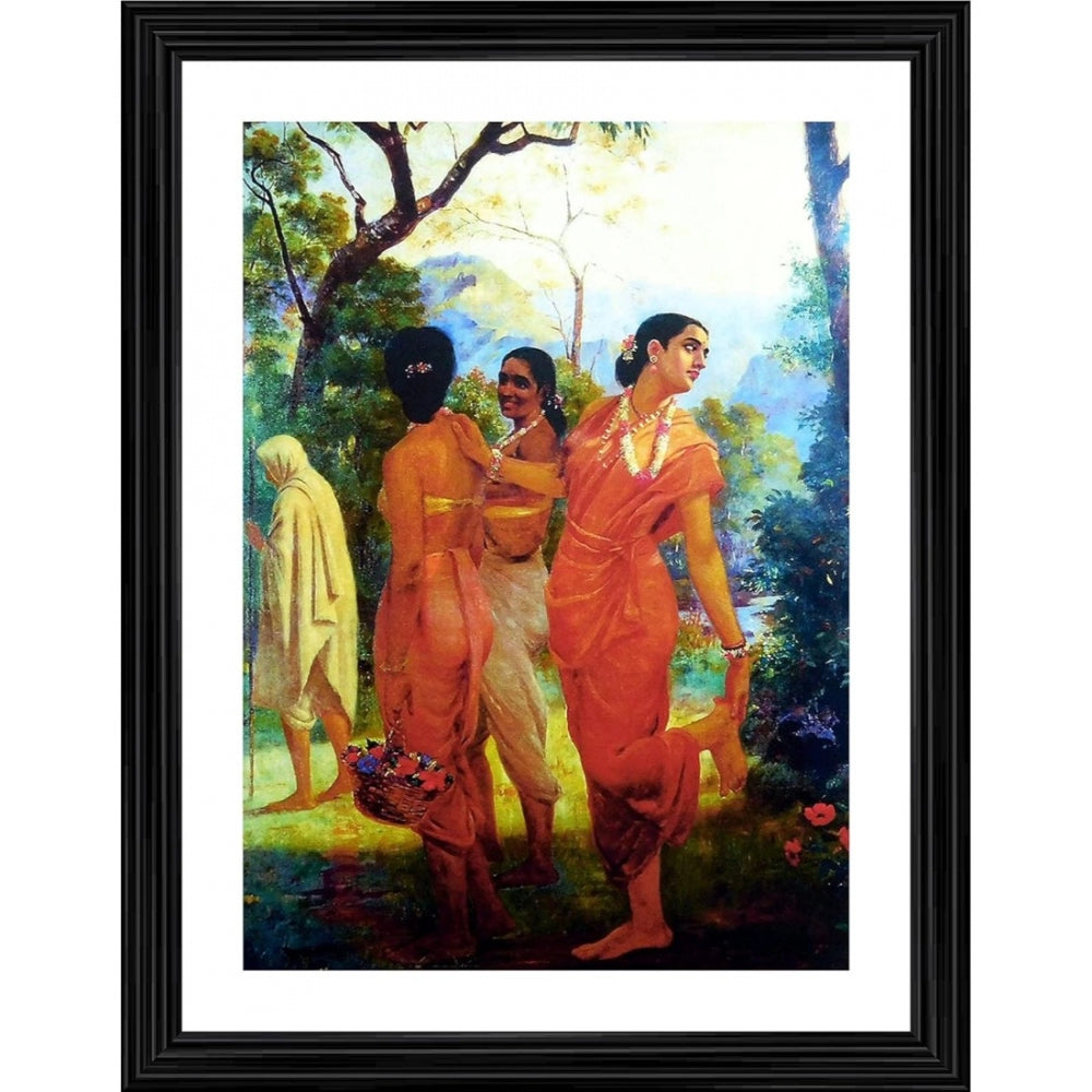 The painting depicts a serene scene of three individuals in vibrant attire, set against a tranquil landscape under a clear sky