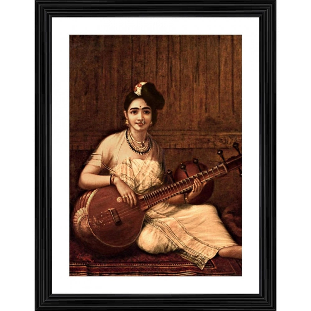 Indian classical music painting. Woman seated holding traditional veena. Multiple colors in photo frame