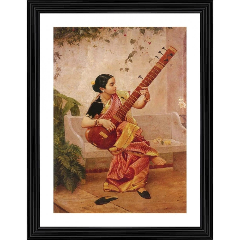 Multicolored Kadambari painting photo frame with wood texture and hanging loop