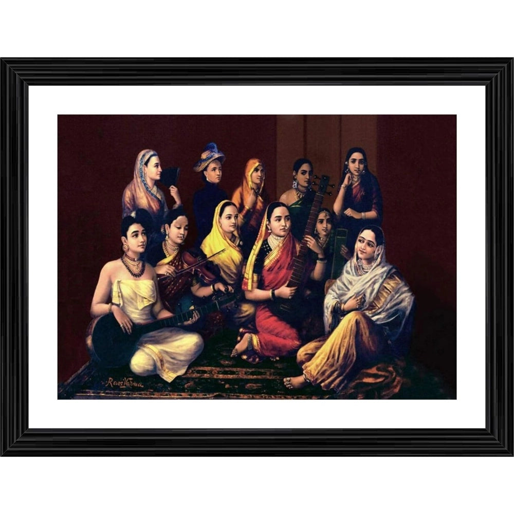 Multicolored, vintage 1889 painting of a diverse group of musicians in a wood photo frame with a gold frame