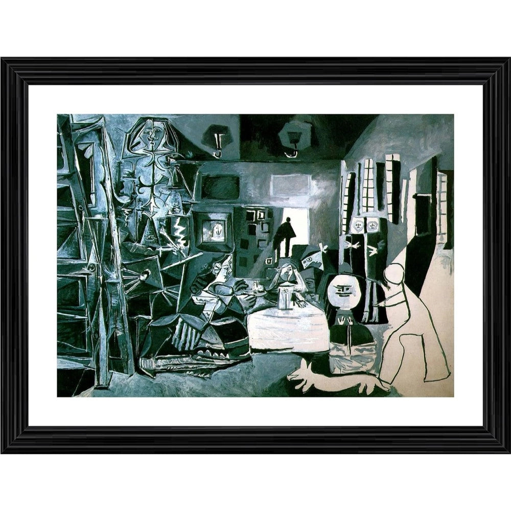 A framed painting depicting "Las Meninas," with a white background and the signature style, showcasing the iconic scene. The photo frame's multi-colored wood finish adds a touch of vibrancy