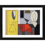 Wooden photo frame displaying a modernist painting, multicolored, abstract style, inlaid wooden studio backdrop