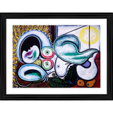 Reclining nude figure in 1932 art style, wood photo frame with multiple colors