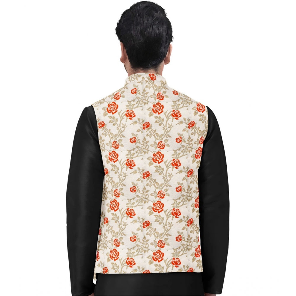 Orange-beige jacquard printed men's waistcoat with mandarin neck and full sleeves on hanger