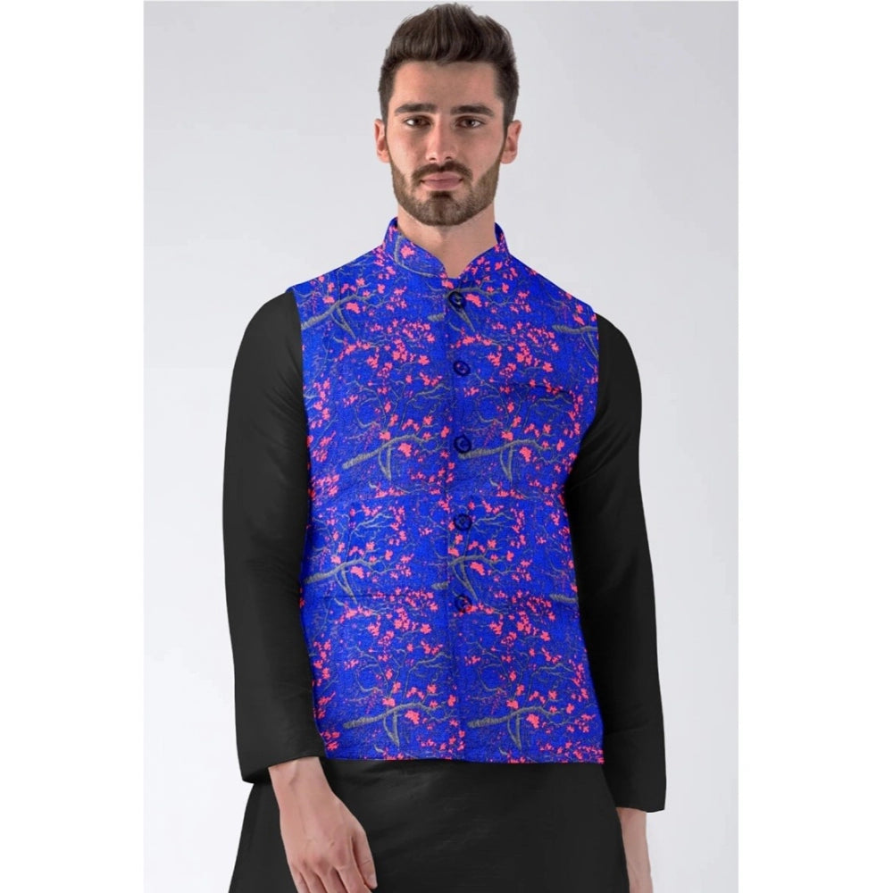 Blue jacquard printed full sleeve waistcoat with mandarin collar and button closure, men's formal attire on mannequin