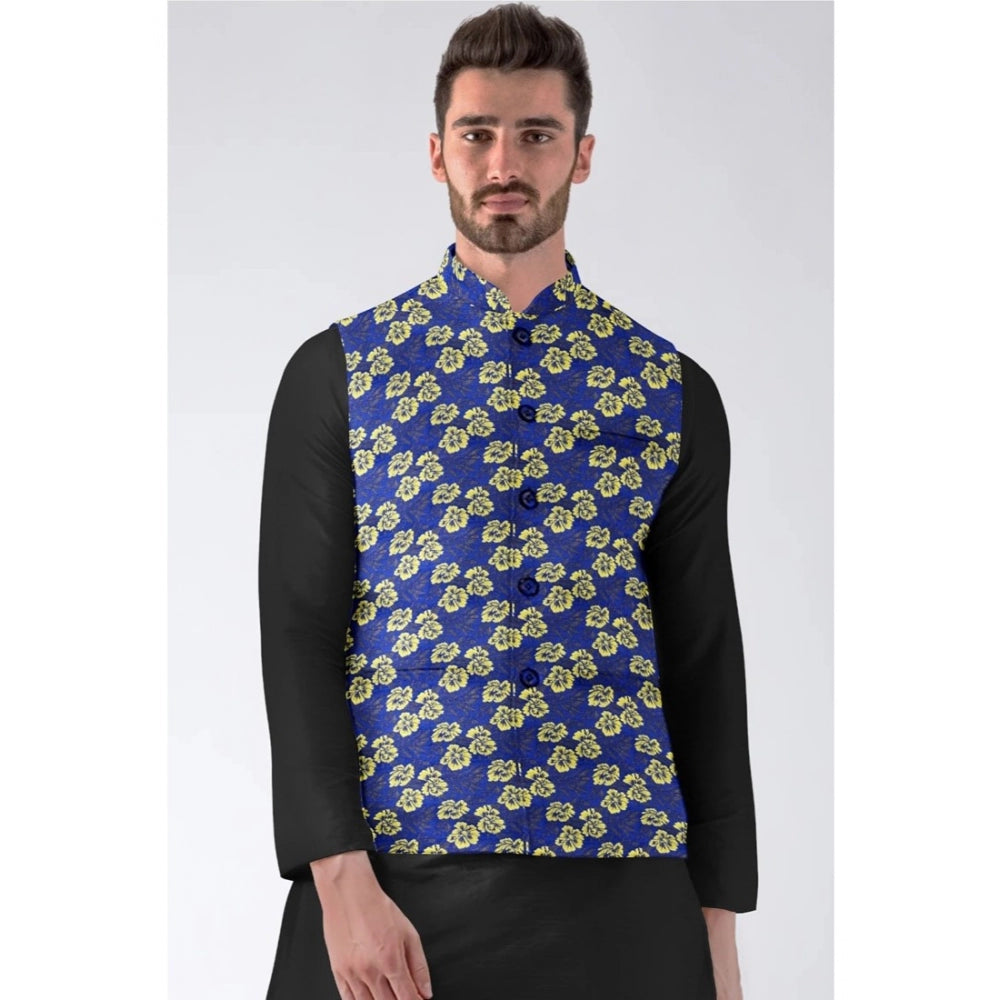 Blue jacquard printed men's full sleeve waistcoat