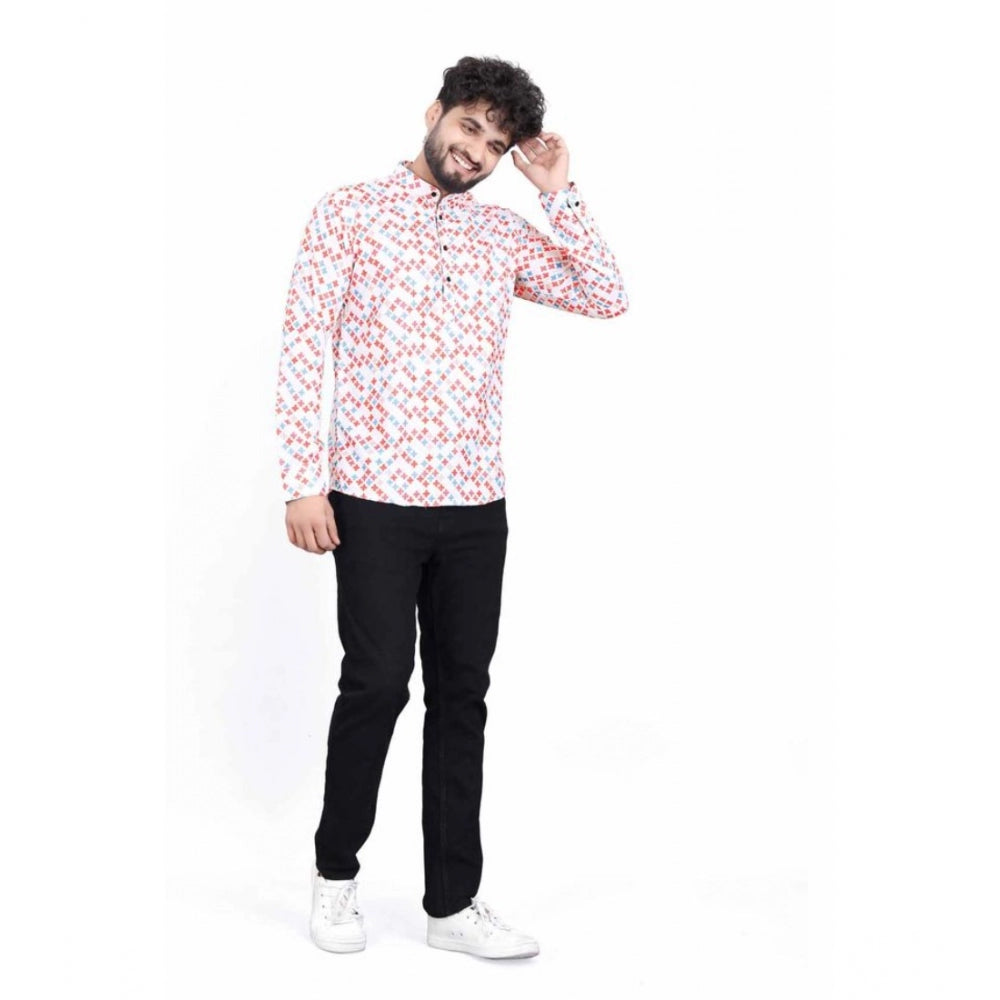 The image shows a man in a full sleeve short kurta with a multicolor print. It is made of cotton and blended fabric