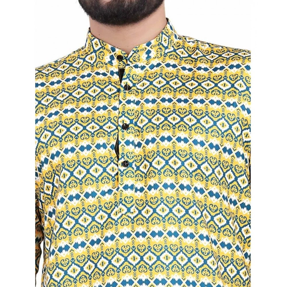 Mens cotton blended print short kurta, full sleeve, vibrant multicolor design