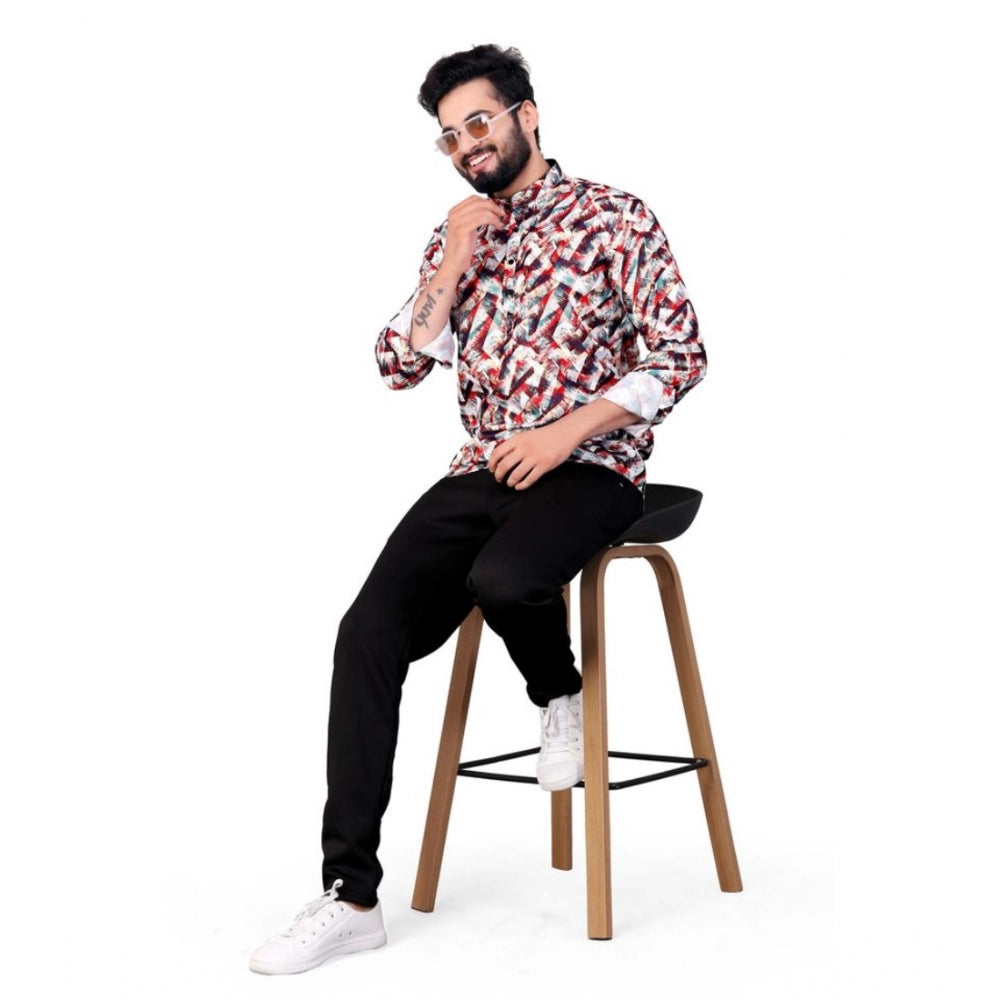 Multicolor cotton-blended men's short kurta with printed design, featuring a mandarin collar and full sleeves