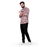 Multicolor cotton blended printed full sleeve shortkurta for men on mannequin with mandarin neck and button closure