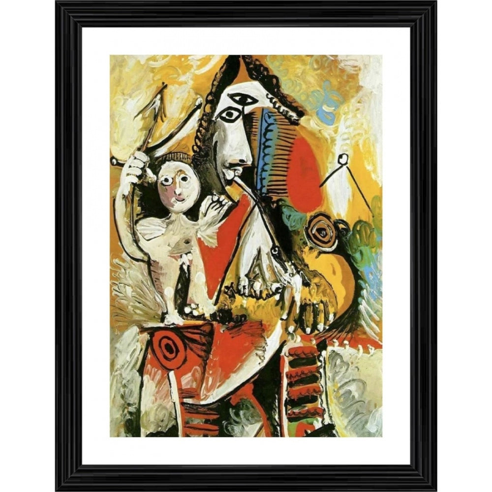 Vintage Musketeer and Amor painting with wood frame, colorful