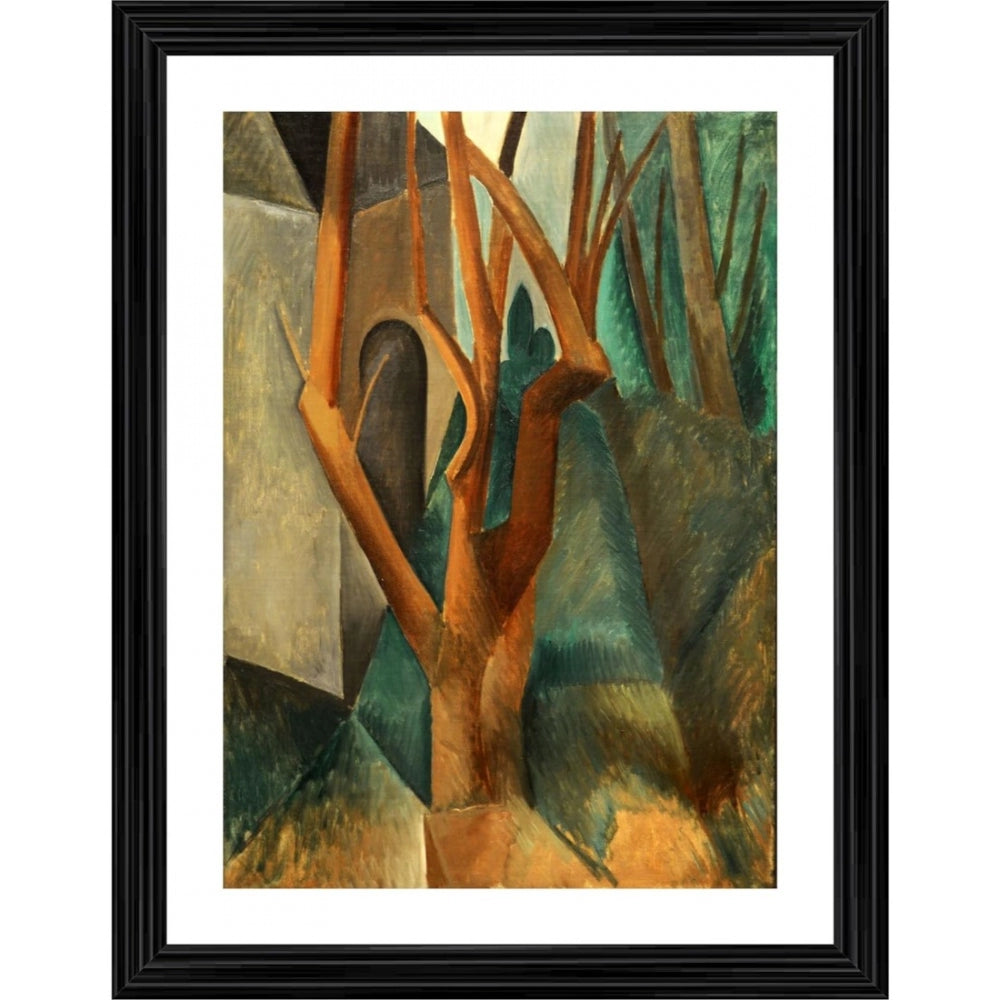 Painting print in multi colored wood frame, 1908 style, street scene with tree branches