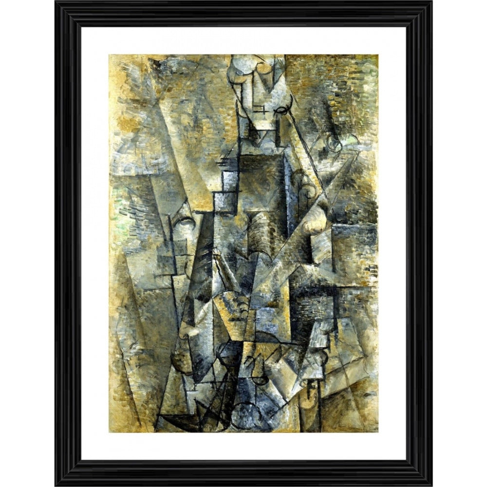 An abstract painting of a man playing a clarinet within a wooden frame in multiple colors