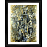 An abstract painting of a man playing a clarinet within a wooden frame in multiple colors