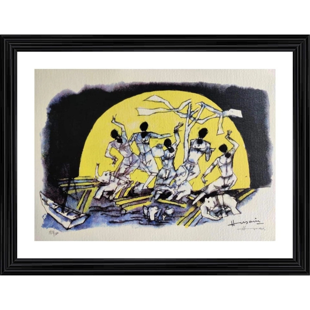 Multicolor photo frame, featuring a painting of dancing ladies with wooden elements in various colors