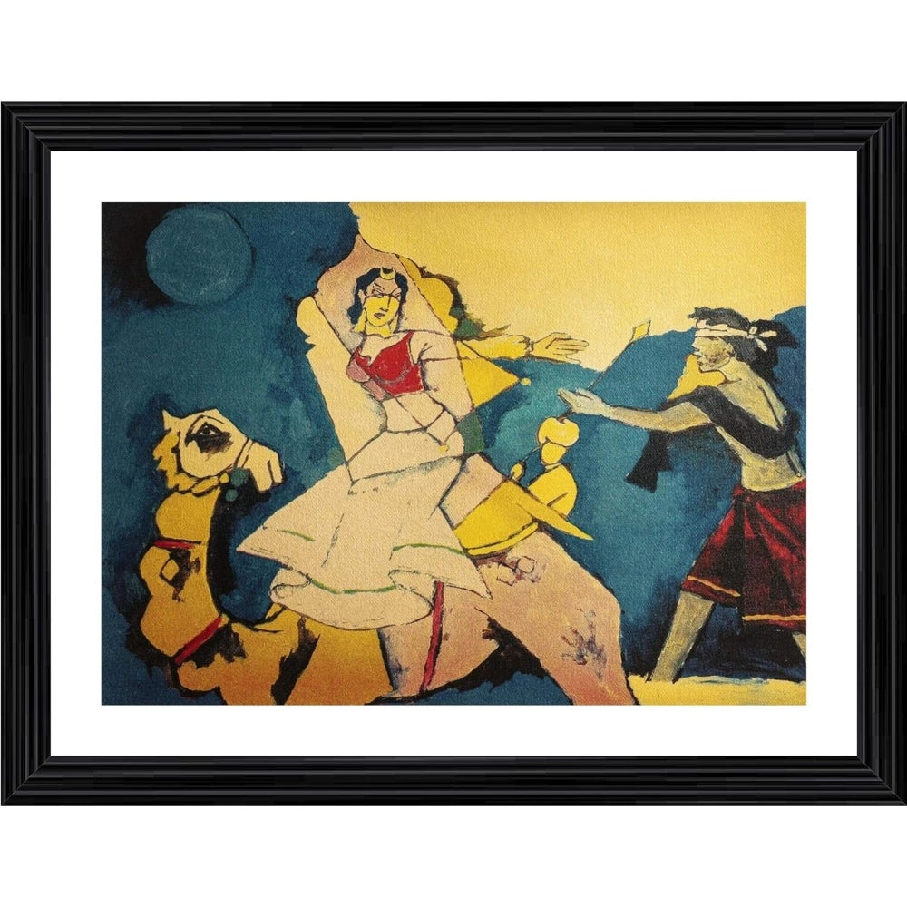 Multicolor wooden framed Laila-Majnu & camel painting photo frame, showcases vibrant art on wall mount