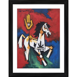 Multicolor abstract painting featuring a figure on a horse within a wood photo frame