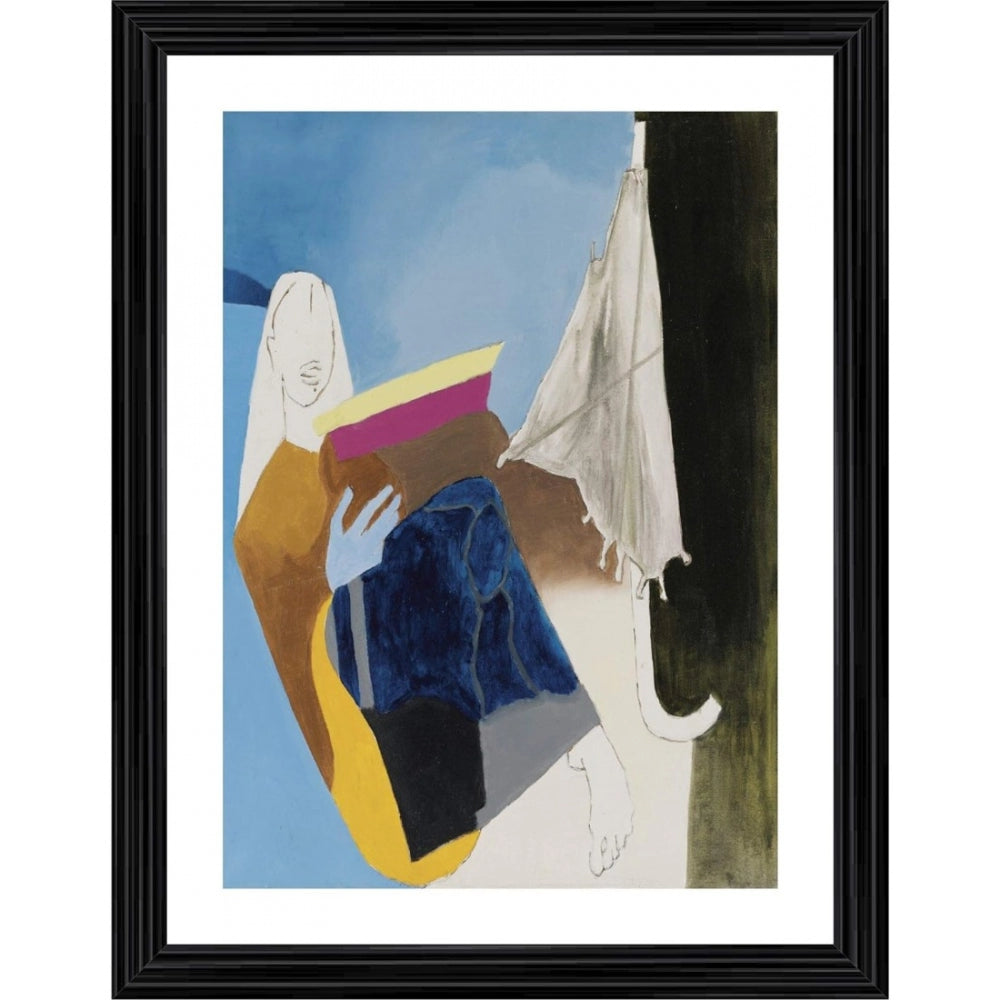 Artwork with a framed painting depicting a woman holding an umbrella, placed within a wooden photo frame. The artwork features bright colors and abstract shapes