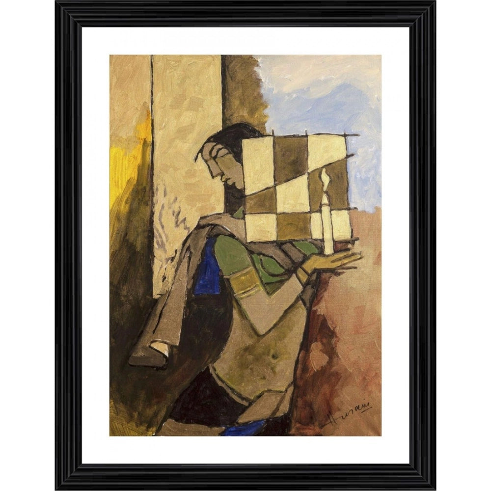 Multicolor wooden framed painting of a lady with candle, lightweight wall-mount art (14"x18")