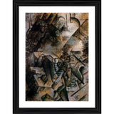 Multicolor wood-framed painting of a woman with guitar and piano (14x18"), lightweight wall mount for display