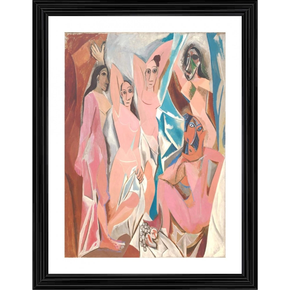 Pink and white art print with wooden frame