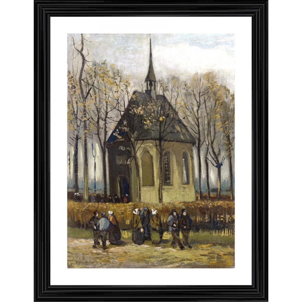 Multicolor wood-framed painting "Congregation Leaving the Reformed Church 1884" for wall mount, lightweight design