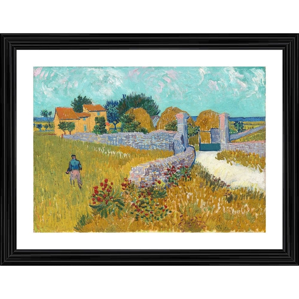 Multi-colored framed oil painting depicting a traditional farmhouse with pastel hues, set against a backdrop of rural village landscape