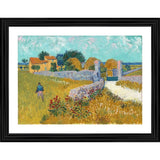 Multi-colored framed oil painting depicting a traditional farmhouse with pastel hues, set against a backdrop of rural village landscape