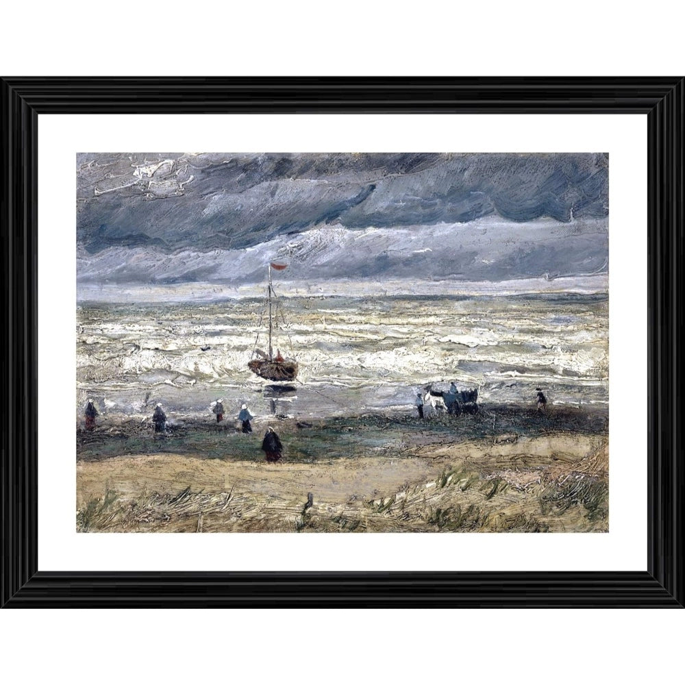 Wood photo frame holding painting of beach in stormy weather 1882, colorful