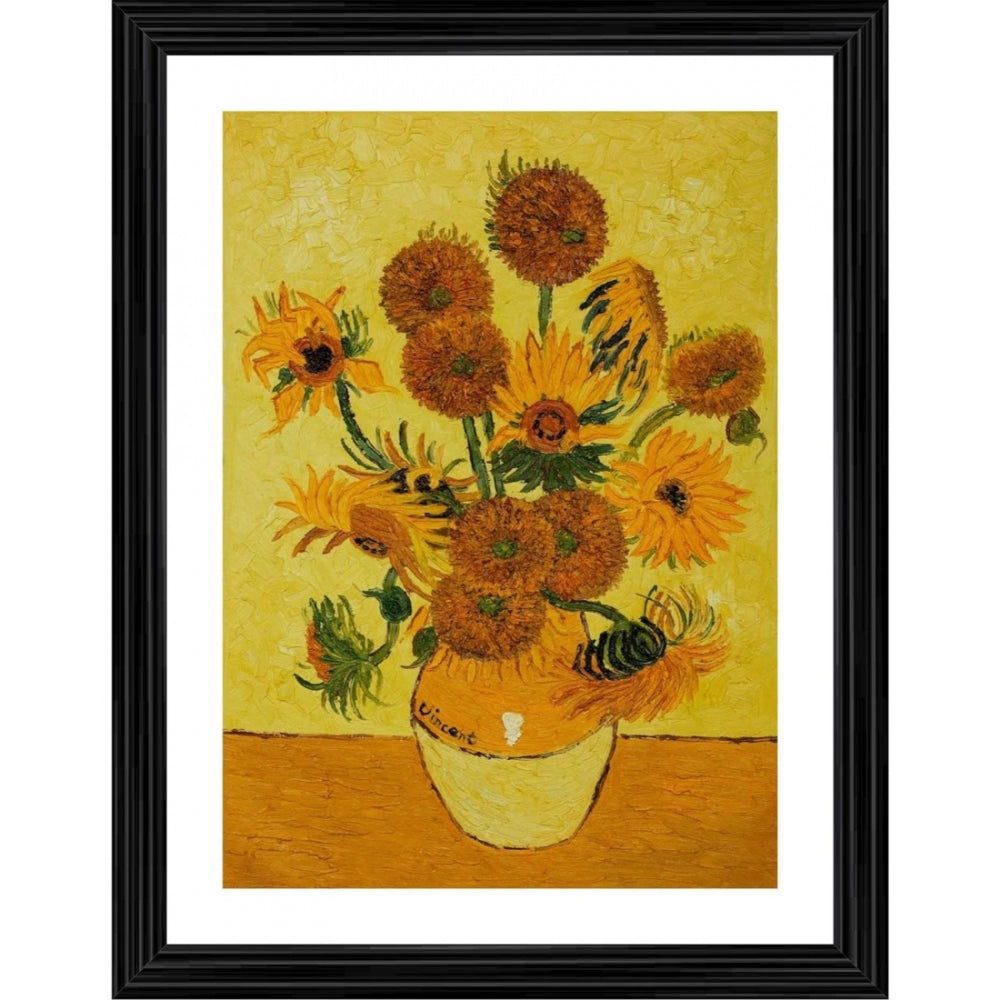 Multicolored wooden photo frame featuring a painting of a vase filled with sunflowers