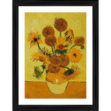Multicolored wooden photo frame featuring a painting of a vase filled with sunflowers