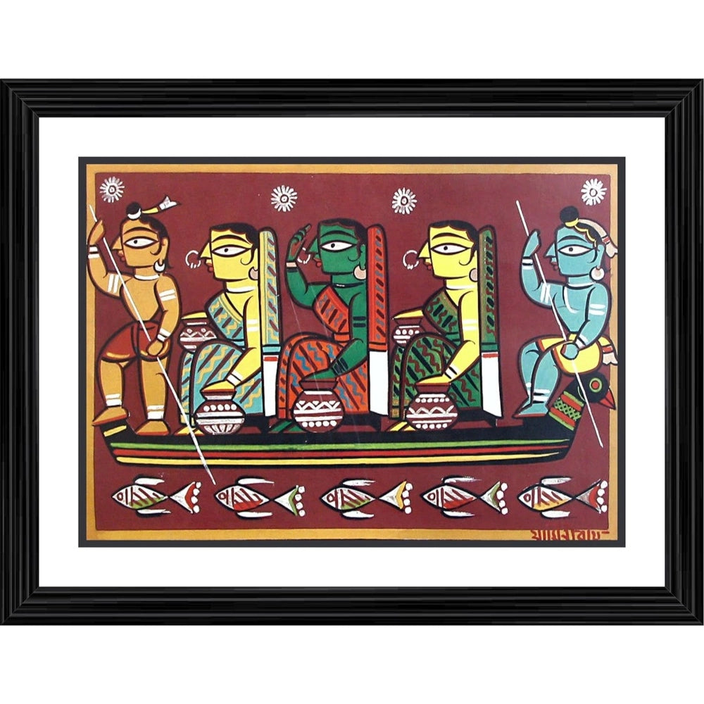 Artwork in a photo frame featuring a multicolored painting of Lord Krishna sailing with Gopika
