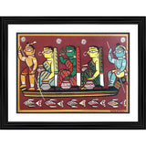 Artwork in a photo frame featuring a multicolored painting of Lord Krishna sailing with Gopika