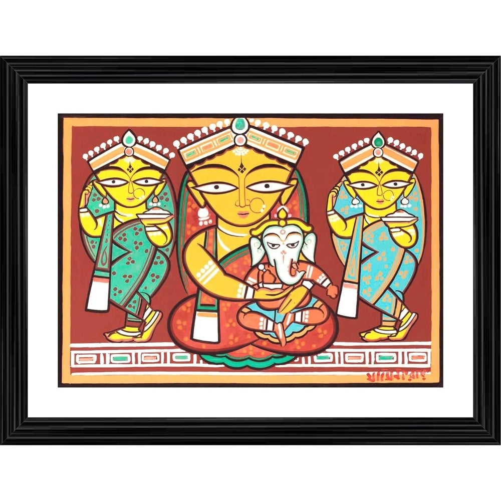 Colorful art print of Parvati and Ganesh, set in a traditional Indian frame