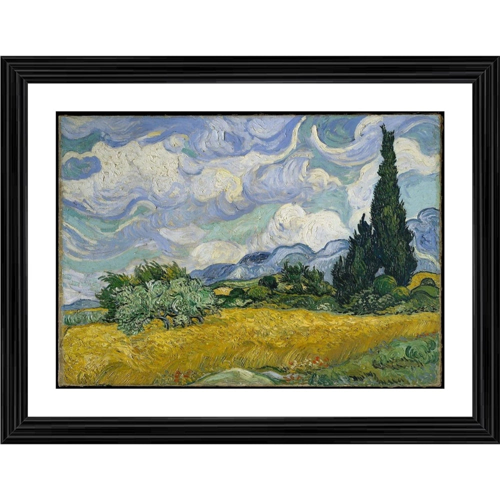 The oil painting in a multicolor wood frame depicts a landscape with a cypress tree and wheat fields. This artwork is part of the post-impressionism movement, evoking a sense of depth and tranquility