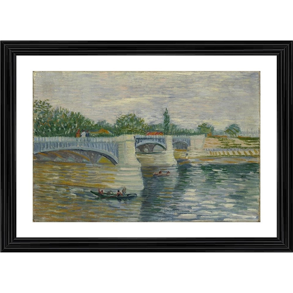 The art piece with a wooden frame, showcasing a painting of a bridge and boats in Courbevoie in 1887