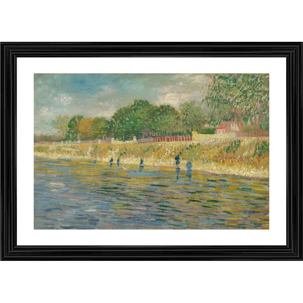 Multicolor wood framed Bank of the Seine 1887 painting with lightweight wall mount, close-up view