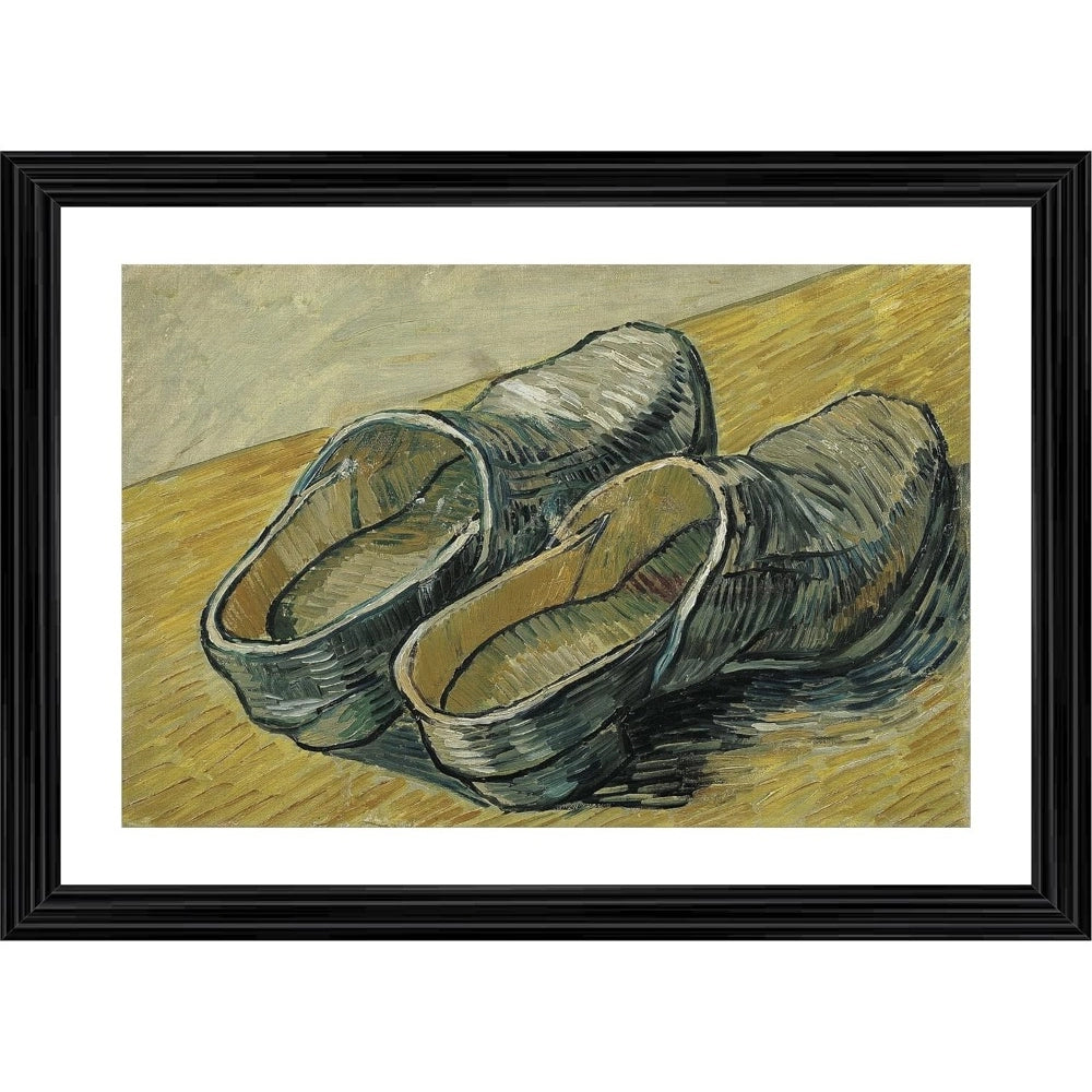 The painting depicts a pair of antique clogs against a straw or hay backdrop, likely representing a piece from the 19th century