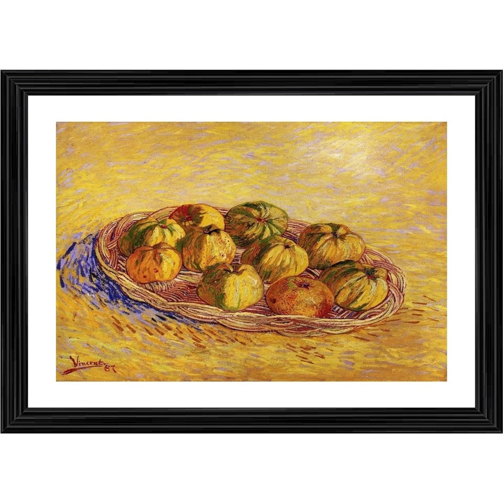 Still life painting frame, featuring a basket brimming with green apples and oranges