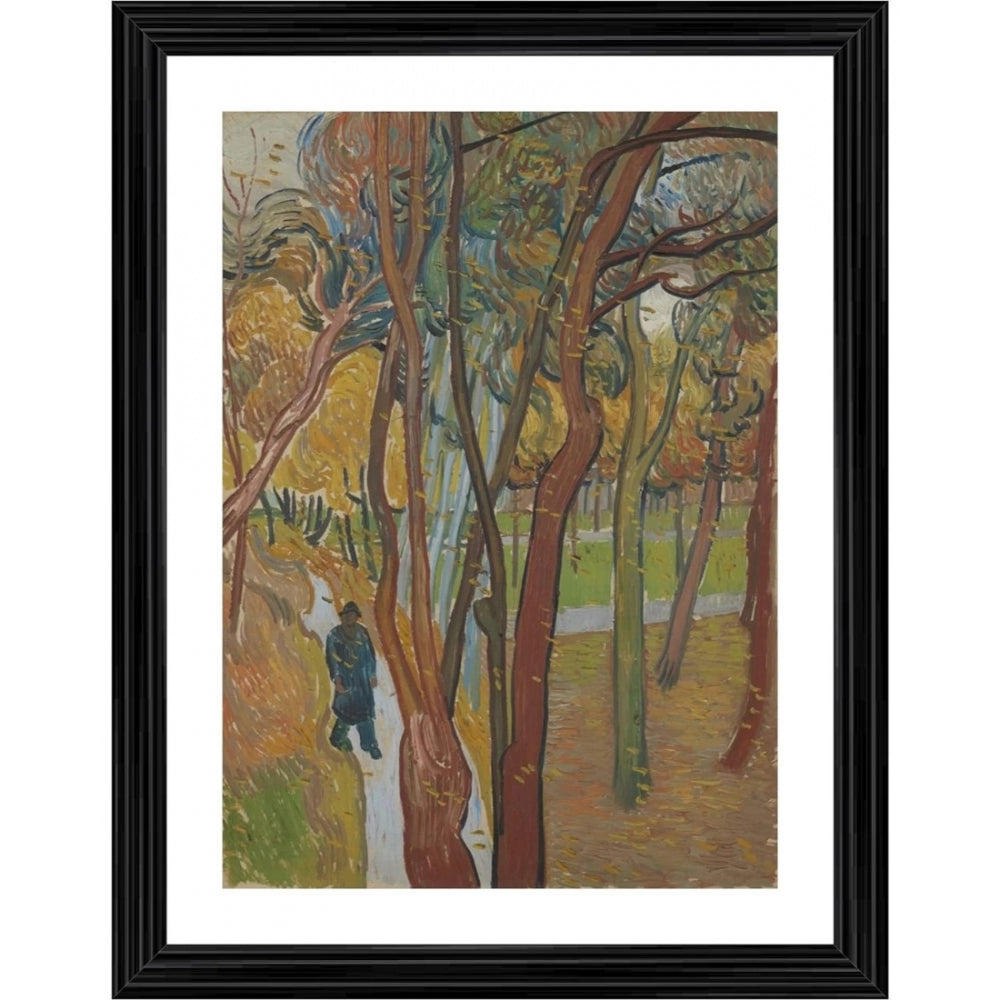 A painting depicting a garden scene with people, in a wood frame, capturing the essence of an old hospital's garden from 1889. The style is impressionist, and it has been beautifully framed for wall display