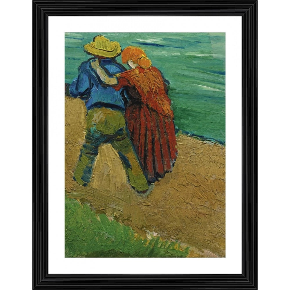 Two figures, a man and woman, walking together along a sandy beach; painting style of post-impressionism with visible brush strokes