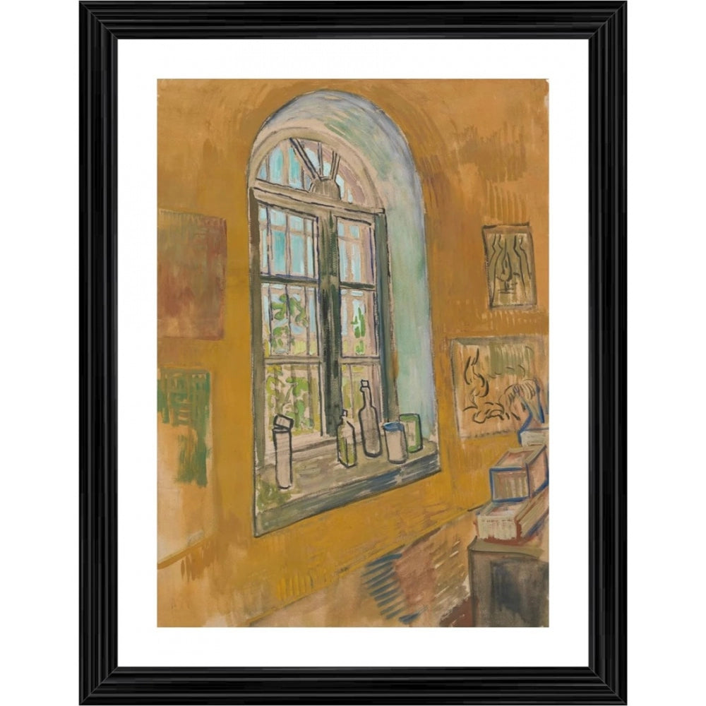 This is a painting depicting a window inside an art studio, evoking an impressionist style. The frame around the artwork features multiple colors that include blue and yellow hues