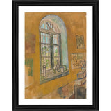 This is a painting depicting a window inside an art studio, evoking an impressionist style. The frame around the artwork features multiple colors that include blue and yellow hues