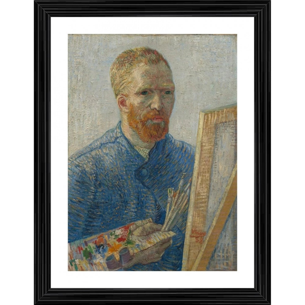 The image displays a framed painting of an impressionist self portrait, featuring a male figure holding art supplies. It is set against a muted background and appears to be a reproduction of a famous artwork