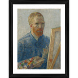 The image displays a framed painting of an impressionist self portrait, featuring a male figure holding art supplies. It is set against a muted background and appears to be a reproduction of a famous artwork