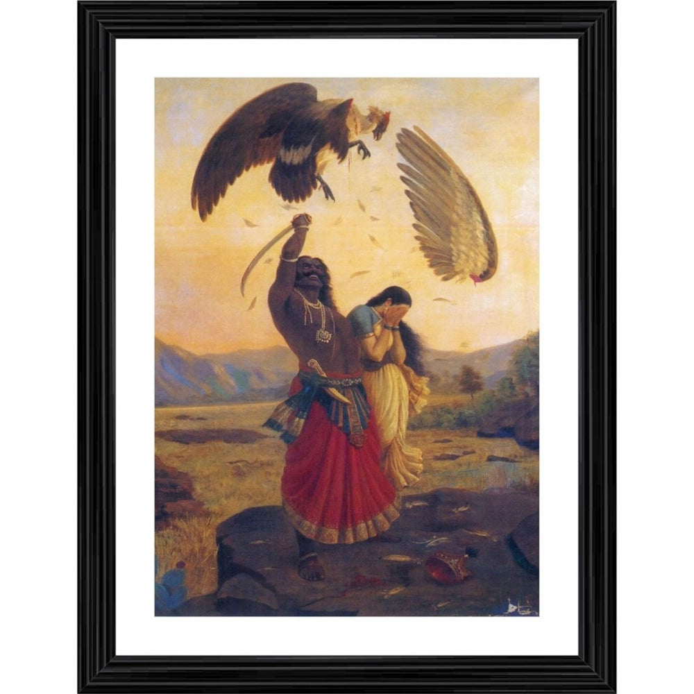 A traditional Indian artwork depicting mythological scene, Ravana carrying away Sita with bird interference