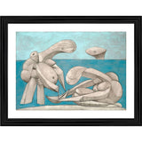 Beach scene framed art print with blue, green, and brown tones