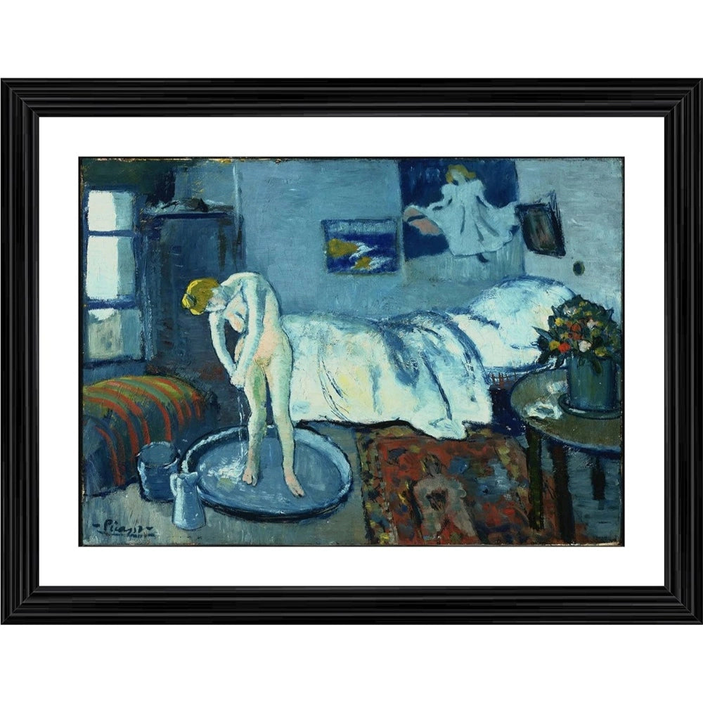 Impressionistic 1901 painting depicting a young woman in blue attire, seated on a bed with a potted plant and van Gogh-inspired swirling background in a wooden frame